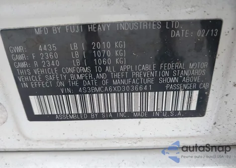 2013 Subaru Legacy 2.5I from USA, damaged, VIN 4S3BMCA6XD3036641